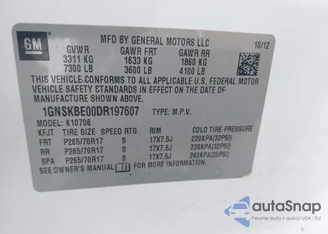 2013 Chevrolet Tahoe Lt from USA, damaged, VIN 1GNSKBE00DR197607